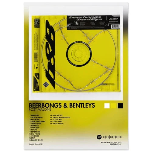 Yellow vinyl rap music album cover male poster aesthetic rapper featuring beerbongs and bentleys by post malone