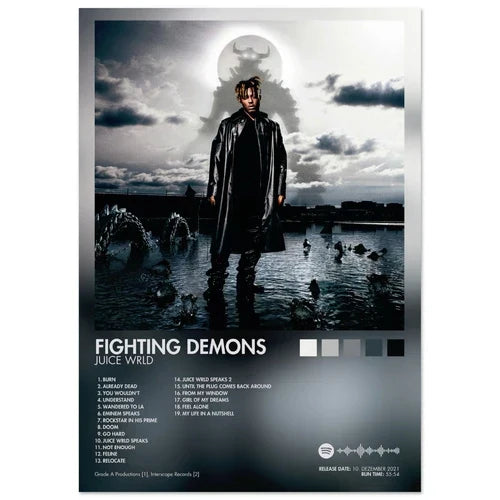 Rap music album cover featuring a male in black leather jacket standing in water under a full moon for poster aesthetic rapper decor