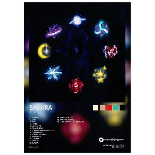 Sakura album cover male with glowing neon abstract symbols on dark background for poster aesthetic rapper wall art