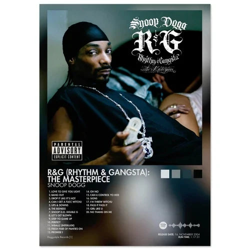 Snoop Dogg album cover male rapper poster aesthetic featuring black headwrap and white silver-toned chain necklace on canvas wall art