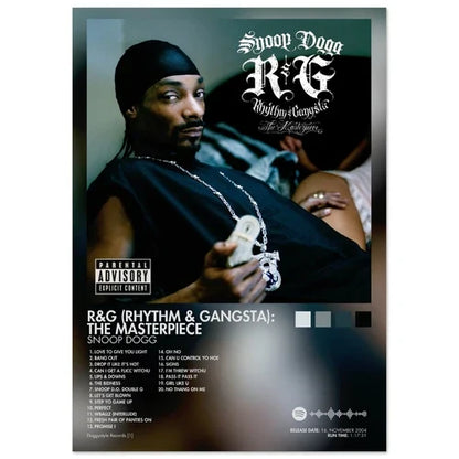 Snoop Dogg album cover male rapper poster aesthetic featuring black headwrap and white silver-toned chain necklace on canvas wall art