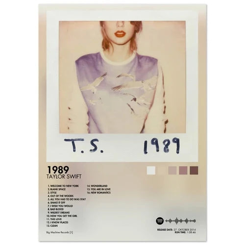 Vintage-style polaroid poster aesthetic rapper featuring taylor swift in lavender and white graphic tee for room decor