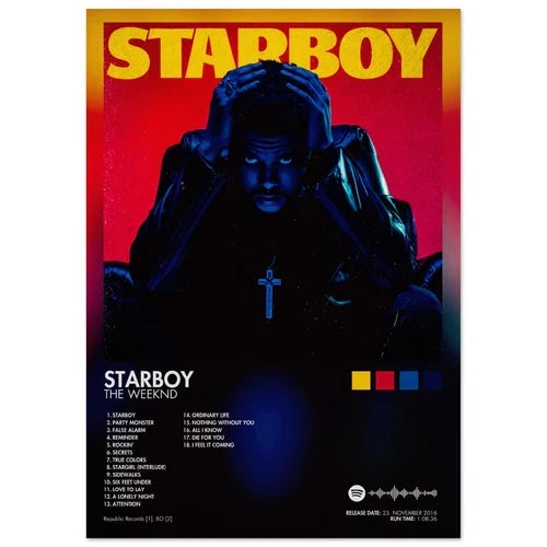 Vibrant red and blue rap music album cover male featuring the weeknd in silhouette with glowing eyes and cross necklace poster aesthetic rapper wall art