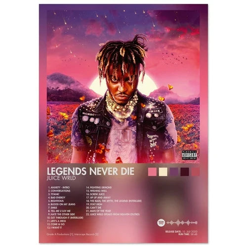 A vibrant pink and purple rap music album cover male featuring juice wrld in a leather jacket with poster aesthetic rapper backdrop