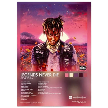 A vibrant pink and purple rap music album cover male featuring juice wrld in a leather jacket with poster aesthetic rapper backdrop