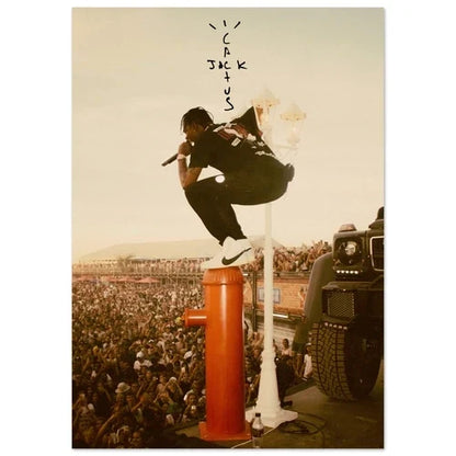 A sepia-toned rap music canvas wall art poster aesthetic rapper featuring travis scott mid-air album cover male