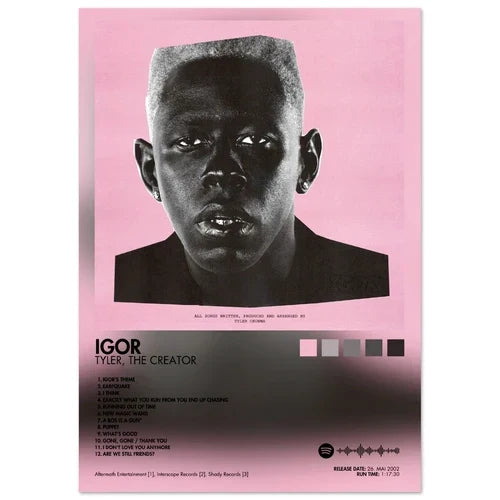 Pink rap music album cover male poster aesthetic rapper featuring black and white tyler the creator portrait on canvas wall art