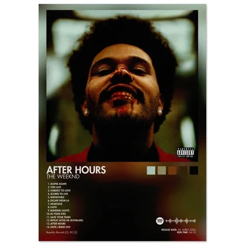 After hours album cover male poster featuring the weeknd with dark curly hair red clothing silver earrings for room decor
