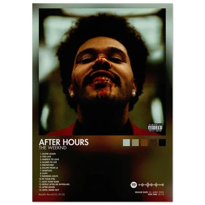 After hours album cover male poster featuring the weeknd with dark curly hair red clothing silver earrings for room decor