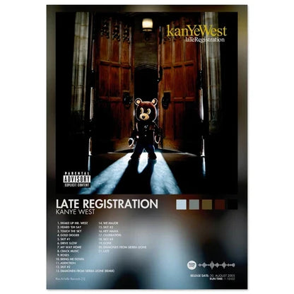 A dark brown plush teddy bear in black leather jacket and pants stands in ornate wooden doorway album cover male poster aesthetic rapper