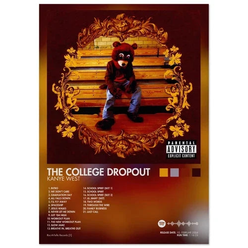 Rap music album cover male female singer poster featuring a red teddy bear on wooden steps with gold foliage frame