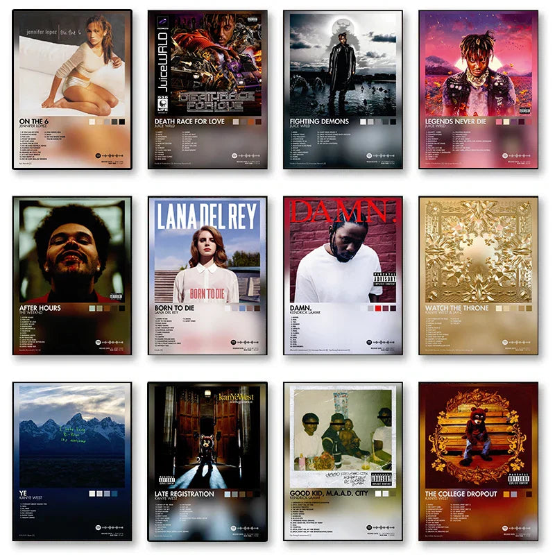 Collection of twelve rap music album cover male and female singer posters featuring rapper and hip hop artists for room decor