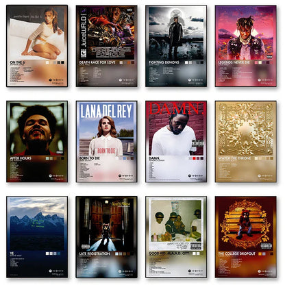 Collection of twelve rap music album cover male and female singer posters featuring rapper and hip hop artists for room decor