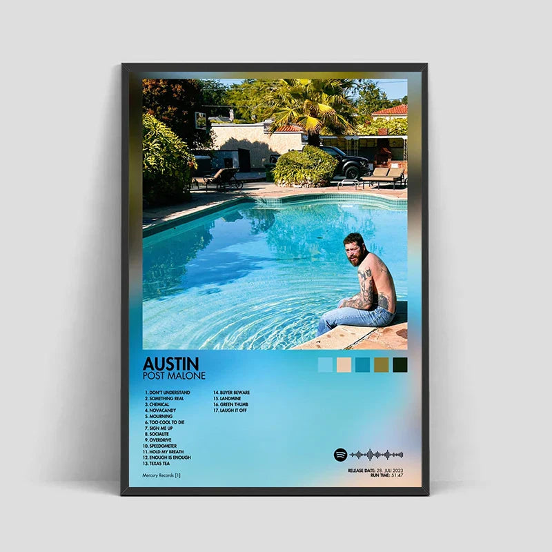 Austin post malone album cover male poster aesthetic rapper sitting by a pool with tracklist on canvas wall art