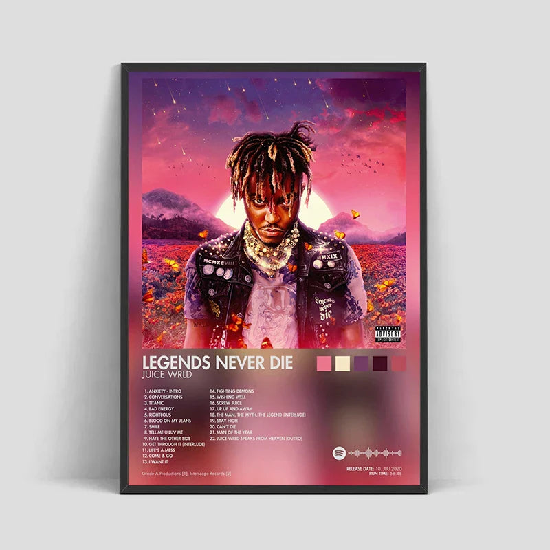 A framed poster aesthetic rapper featuring juice wrld album cover male with vibrant pink and purple hues for room decor