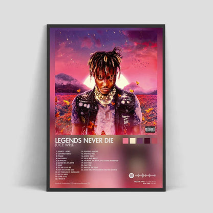 A framed poster aesthetic rapper featuring juice wrld album cover male with vibrant pink and purple hues for room decor
