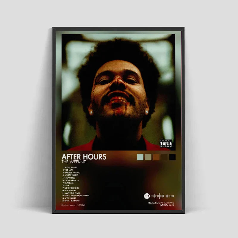 A framed after hours album cover male poster aesthetic rapper with dark portrait and white tracklist on black wall art