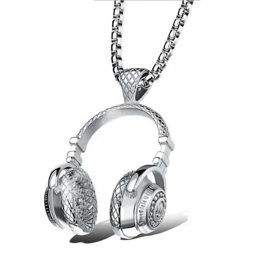 Silver-toned stainless steel music headphone pendant necklace with detailed textured earcups and long chain hiphop design
