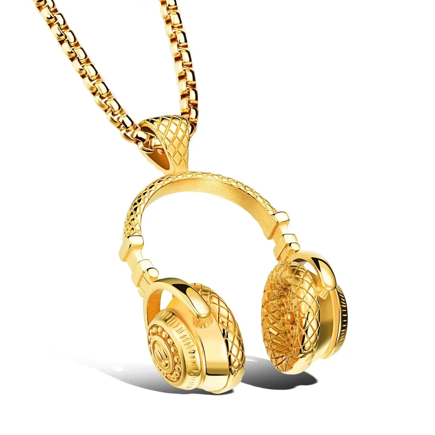 Gold-colored stainless steel music headphone pendant necklace with intricate diamond-cut detailing on a long chain hiphop jewelry