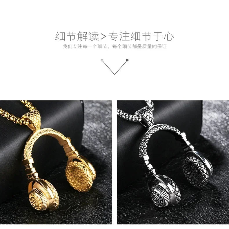 Gold and silver stainless steel music headphone pendant necklaces with textured surfaces on long chain hiphop jewelry