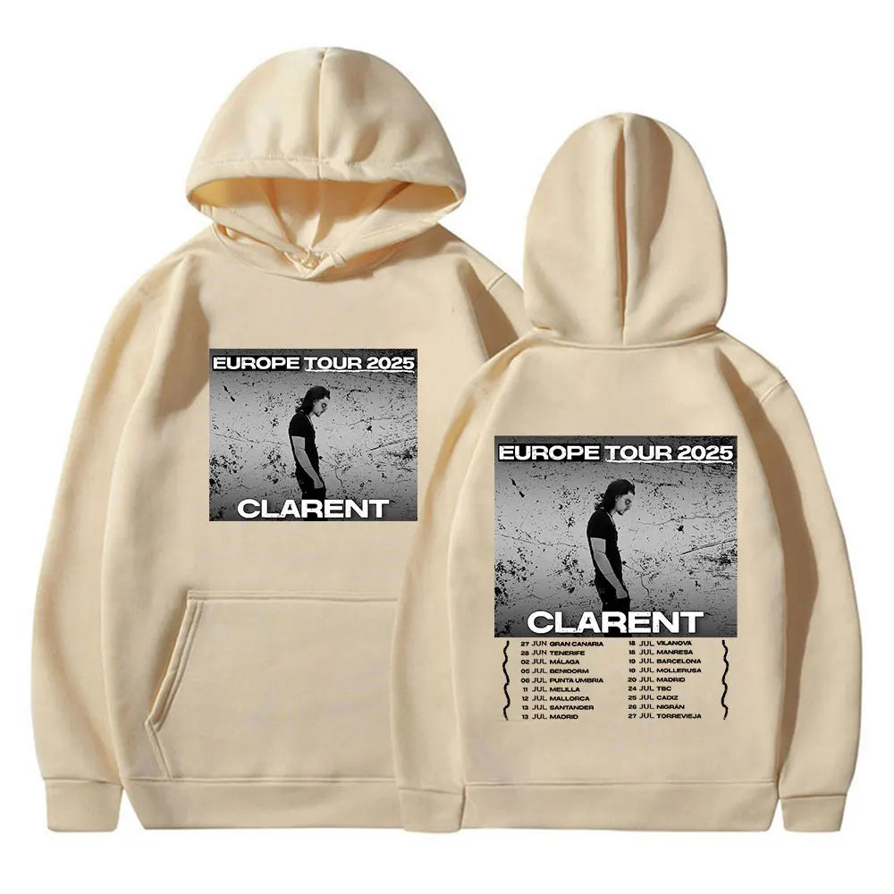 Cream-colored 100% cotton rapero clarent eurpope album merch hoodie with black white graphic and autumn hip hop print