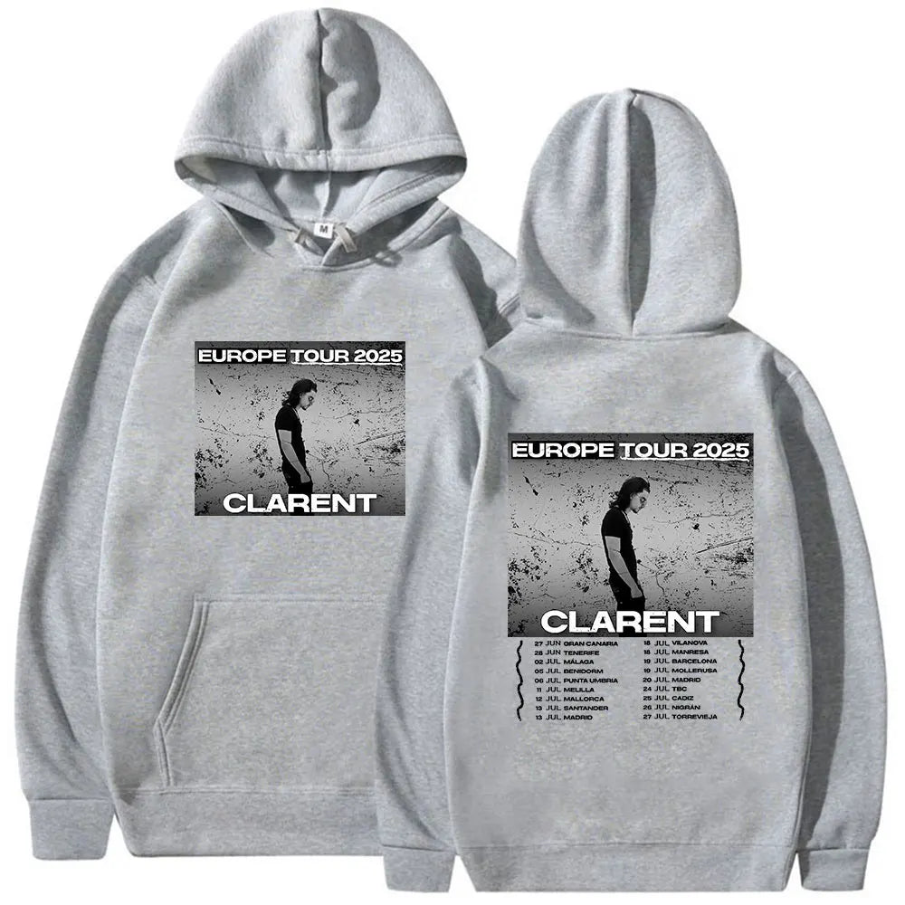 Gray 100% cotton rapero clarent eurpope album merch hoodie with black-and-white graphic and 2025 tour print for hip hop autumn