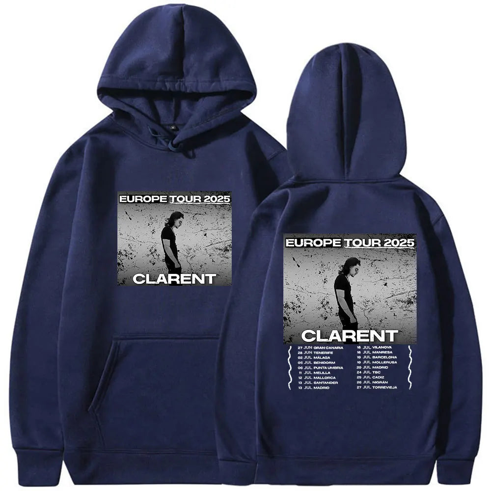 Navy blue 100% cotton album merch hoodie featuring black and white rapero clarent eurpope 2025 tour graphic front and back