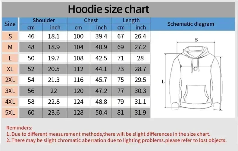 Hoodie size chart with measurements in cm and inch for rapero clarent eurpope album merch hoodie hip hop autumn winter print cotton