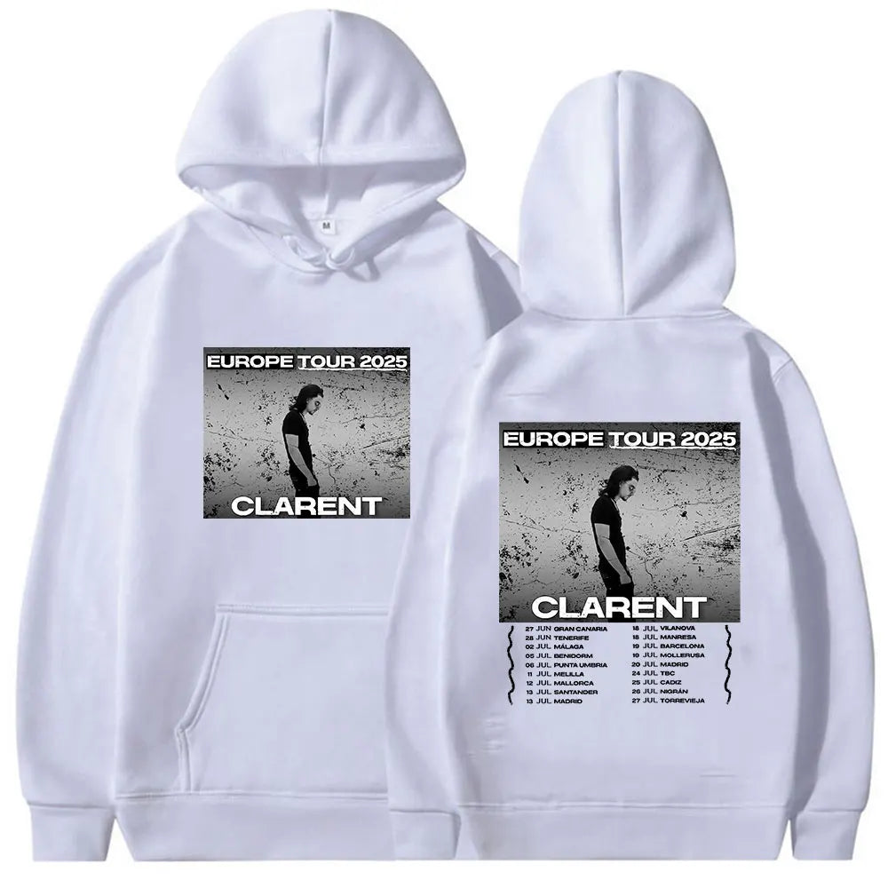 White pure cotton hoodie with black and white rapero clarent eurpope album merch graphic for hip hop autumn wear