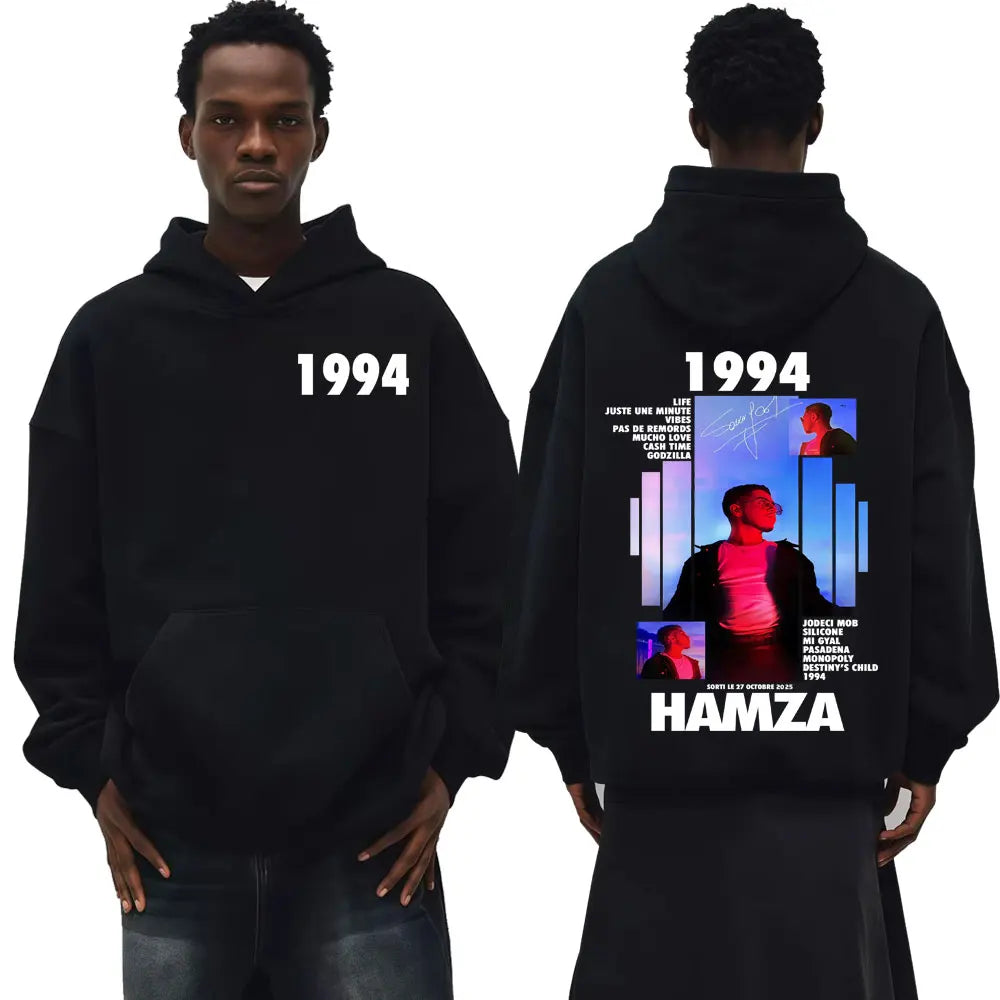 Black cotton fashion gothic oversized hoodie with white 1994 text front and graphic print on back vintage casual hamza album tour