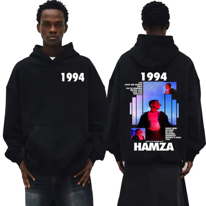 Black cotton fashion gothic oversized hoodie with white 1994 text front and graphic print on back vintage casual hamza album tour