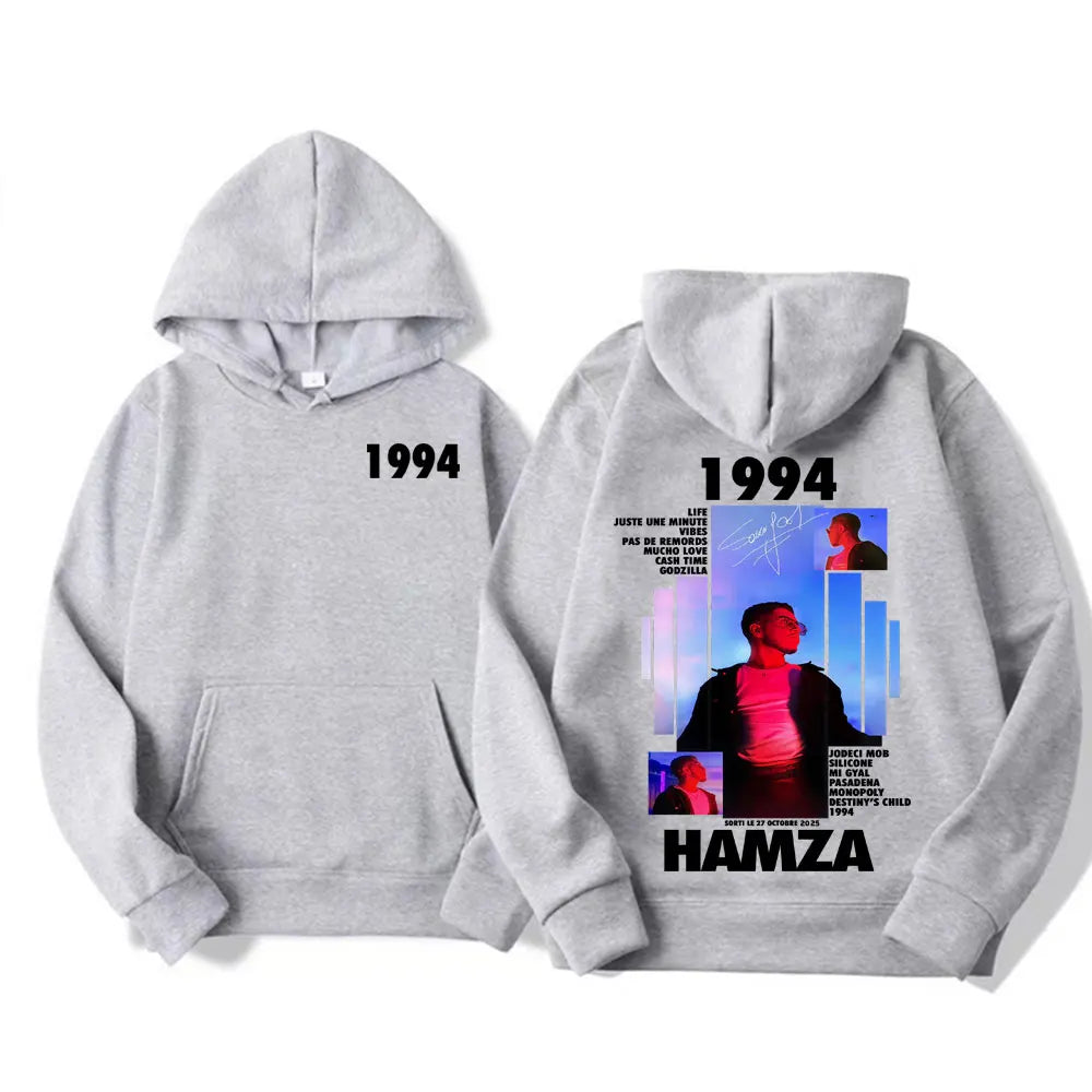 Back of gray cotton hoodie featuring hamza graphic and 1994 text for vintage casual fashion gothic oversized wear