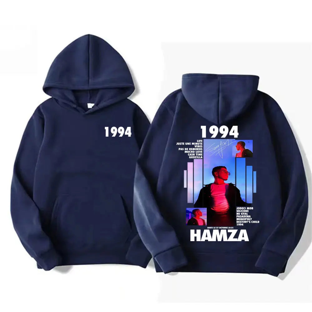 Navy blue vintage casual cotton hoodie featuring hamza album tour graphic from 1994 in fashion gothic oversized style