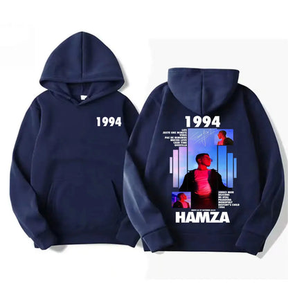 Navy blue vintage casual cotton hoodie featuring hamza album tour graphic from 1994 in fashion gothic oversized style
