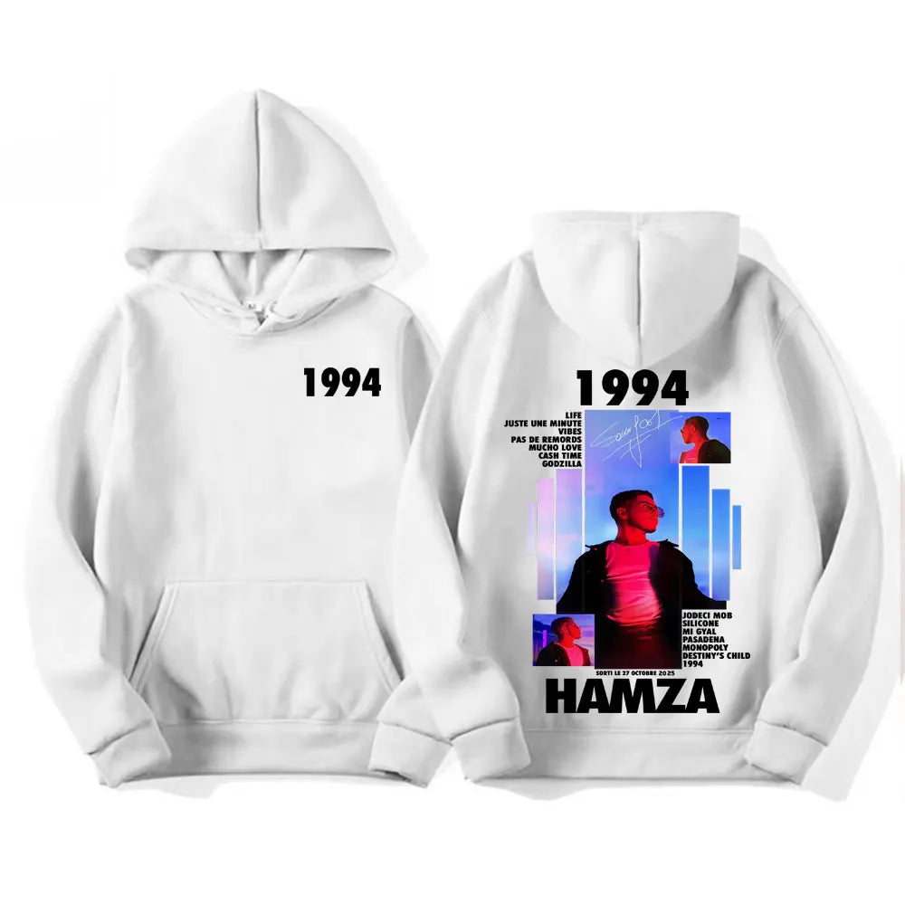 White cotton hoodie featuring the back graphic print with hamza 1994 and 2023 album tour vintage casual fashion gothic oversized design