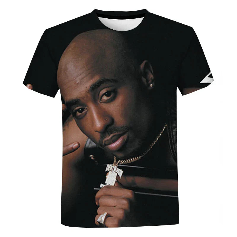 Black short-sleeved t-shirt featuring a detailed 3d-printed rapper 2pac portrait for men summer casual fashion harajuku street