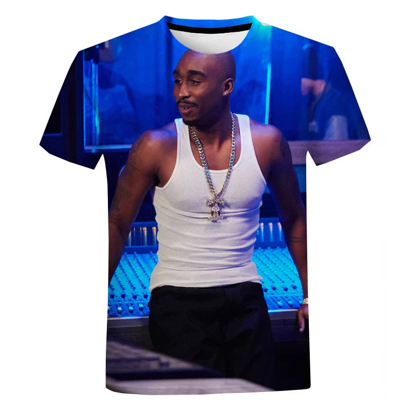 White short-sleeved men summer casual t-shirt with 3d rapper 2pac print for fashion harajuku street style
