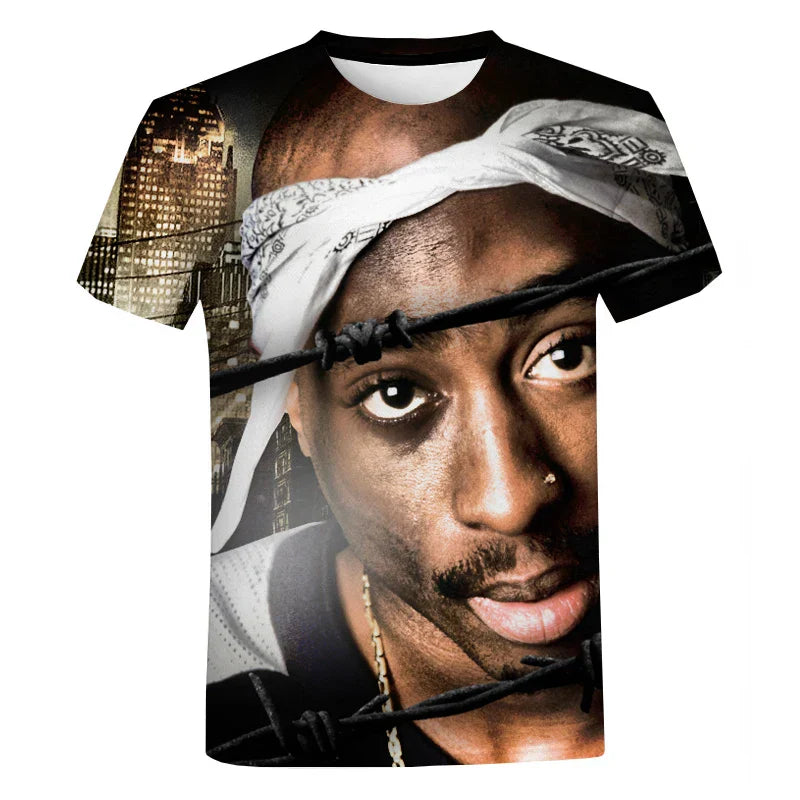 Black short-sleeved men summer casual t-shirt with 3d-printed rapper 2pac graphic for fashion harajuku street style