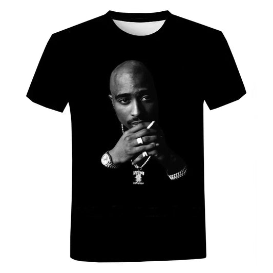 Black short-sleeved t-shirt for men featuring a detailed black and white rapper 2pac graphic print, perfect for men summer casual fashion harajuku street looks