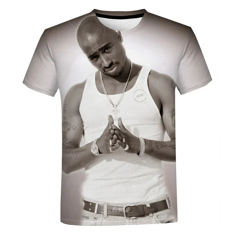 Black-and-white 3d-printed rapper 2pac oversized t-shirt for men summer casual fashion harajuku streetwear with tattoos design