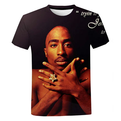 Black oversized short-sleeved t-shirt for men featuring 3d rapper 2pac print for summer casual fashion harajuku street