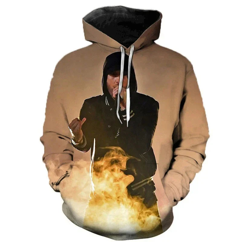 Tan hoodie with black interior featuring rapper 3d printed graphic of eminem in flames for sleeve sweatshirts men