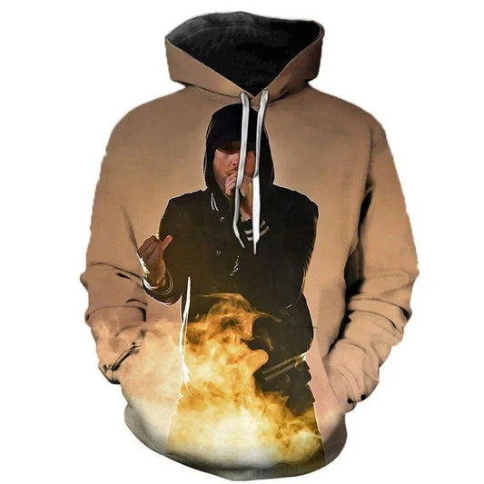 Tan hoodie with black interior featuring rapper 3d printed graphic of eminem in flames for sleeve sweatshirts men