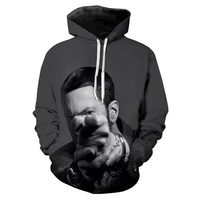 Black rapper 3d printed hoodie with grayscale eminem graphic, white drawstrings, and black interior lining for men and women sleeve sweatshirts