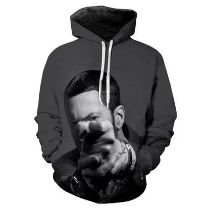 Black rapper 3d printed hoodie with grayscale eminem graphic, white drawstrings, and black interior lining for men and women sleeve sweatshirts