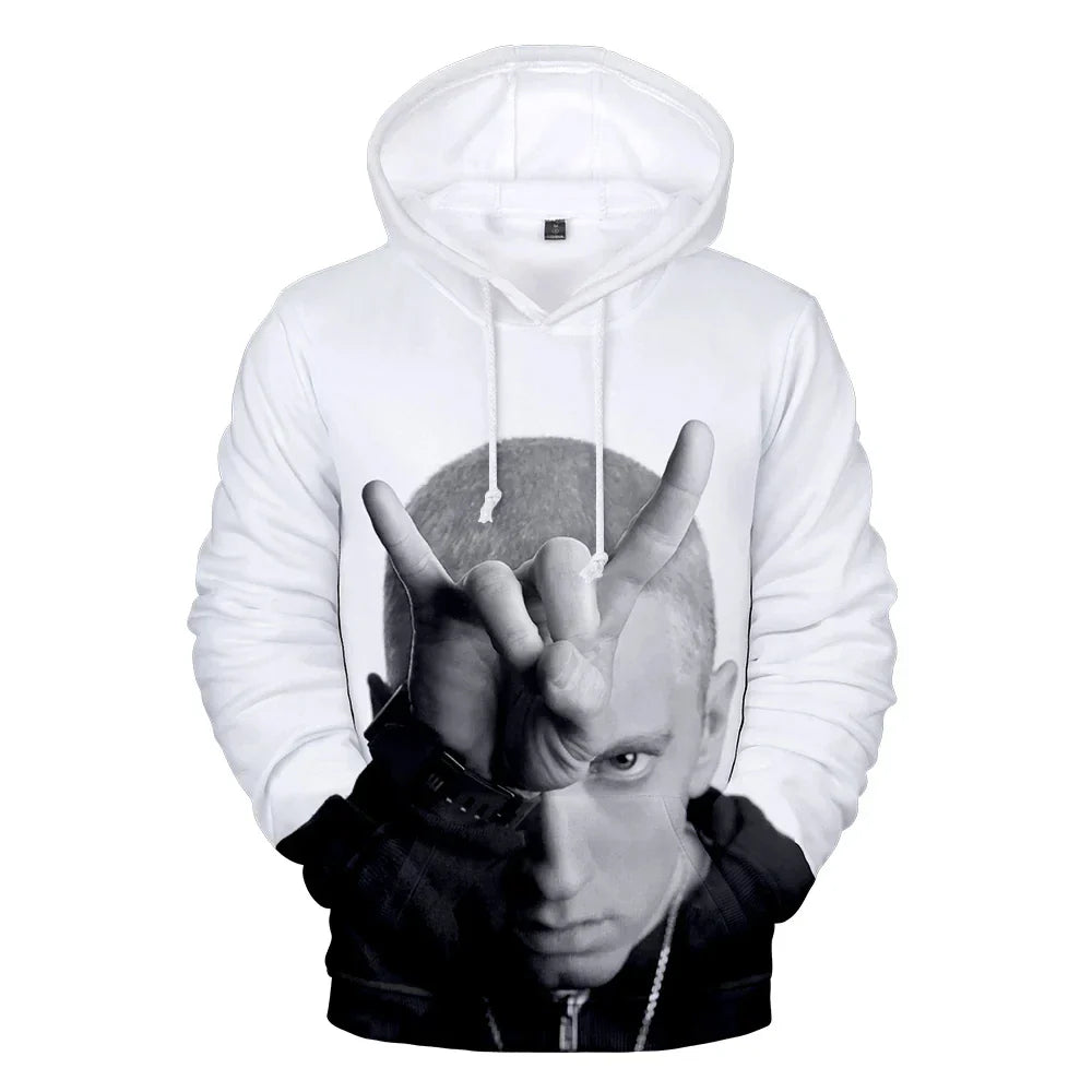 White hoodie with black-and-white rapper 3d printed eminem graphic hand gesture for sleeve sweatshirts men and women