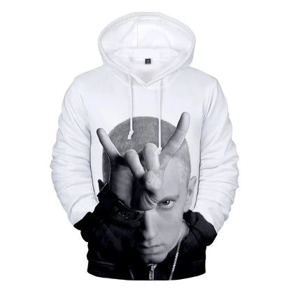 White hoodie with black-and-white rapper 3d printed eminem graphic hand gesture for sleeve sweatshirts men and women