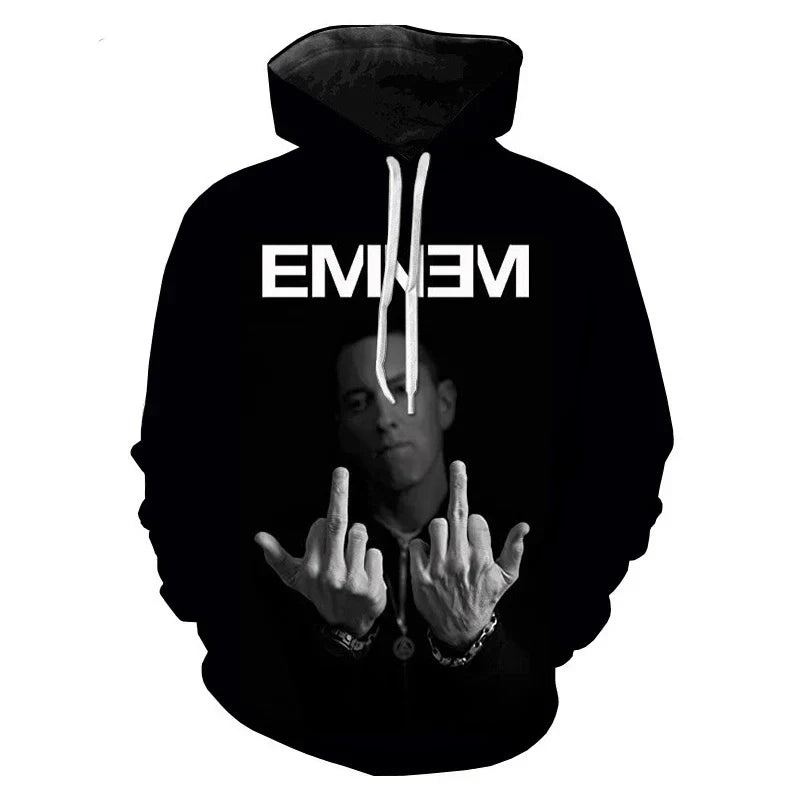 Black hoodie with white drawstrings featuring rapper 3d printed eminem graphic and bold white name on chest sleeve sweatshirts men