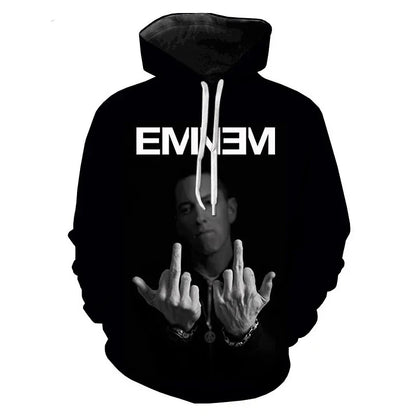 Black hoodie with white drawstrings featuring rapper 3d printed eminem graphic and bold white name on chest sleeve sweatshirts men