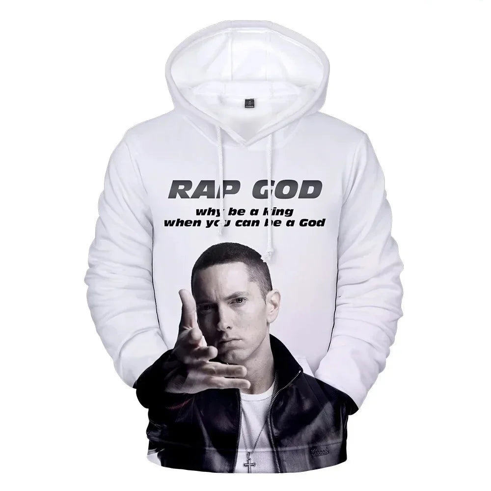 White hoodie with rapper 3d printed black and white eminem graphic and text rap god sleeve sweatshirts men women